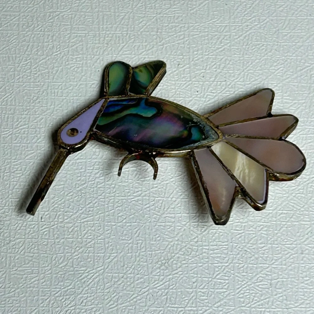 Hummingbird brooch Abalone mother of pearl inlay Iridescent Alpaca Silver Mexico